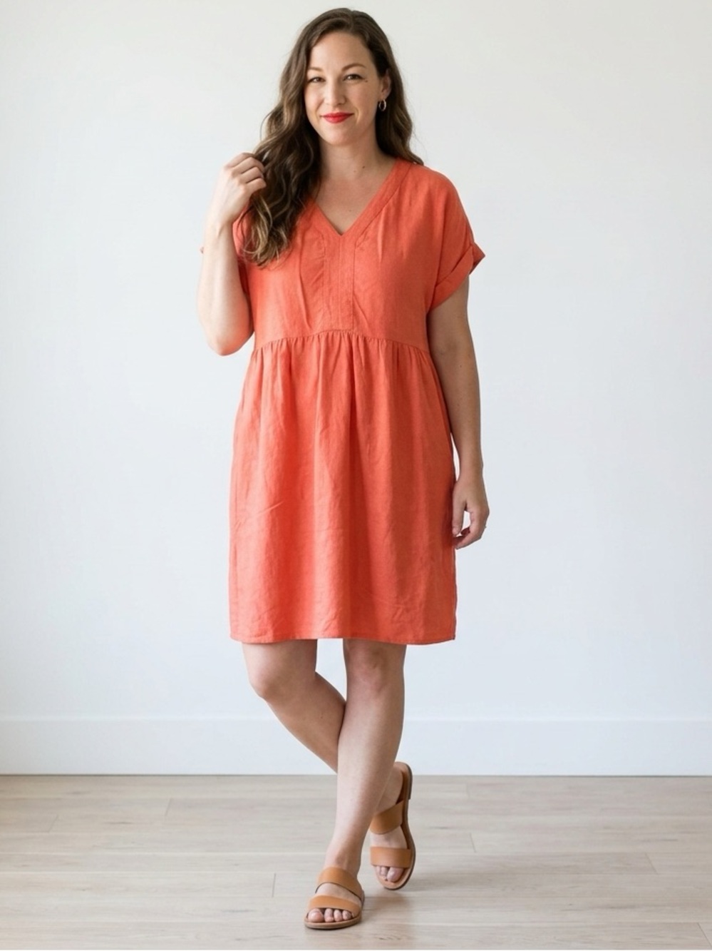 PTP23 Linen-Blend Coral V-Neck Oversized Shift Dress with Pockets